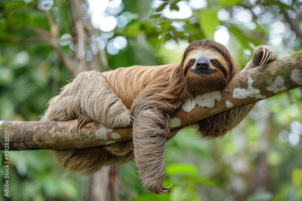 Obraz premium Cute smiling sloth relaxing on a branch in the forest, happy wildlife animal