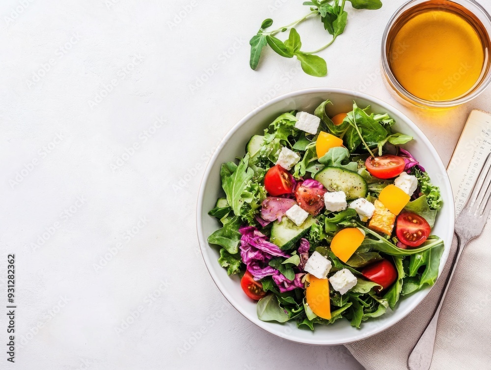 A peaceful dining setup with a colorful salad, herbal tea, and a wellness journal, symbolizing a holistic diet for balanced health A peaceful dining setup with a colorful salad, herbal tea, and a wellness journal, symbolizing a holistic diet for balanced health