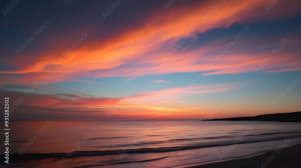 Fototapeta premium Imagine a serene sunset over the tranquil ocean with the sky painted in warm, vibrant hues of burnt orange, blushing pink, and rich purple, gradating from soft pastel tones at the horizon to deep, bol