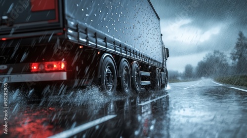 A truck driving on a rainy road, creating splashes and reflecting the stormy sky. photo