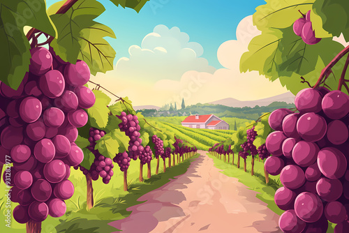 beautiful grape plantation cartoon illustration, fruit garden background