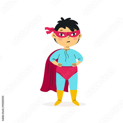 Funny boy in Halloween costume. Baby boy dressed as a super hero. Vector illustration. Happy and cute carnival child. Character design. For stickers, kids design, holiday banners