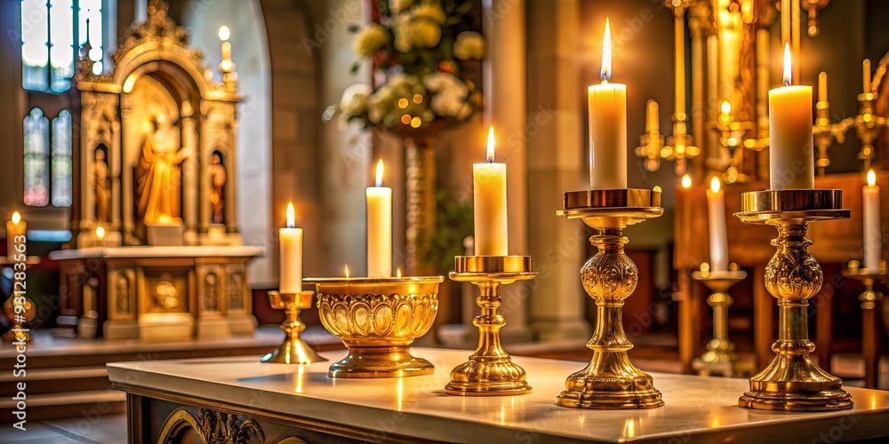 Fototapeta premium Golden candlelight illuminating a church altar during a religious ceremony
