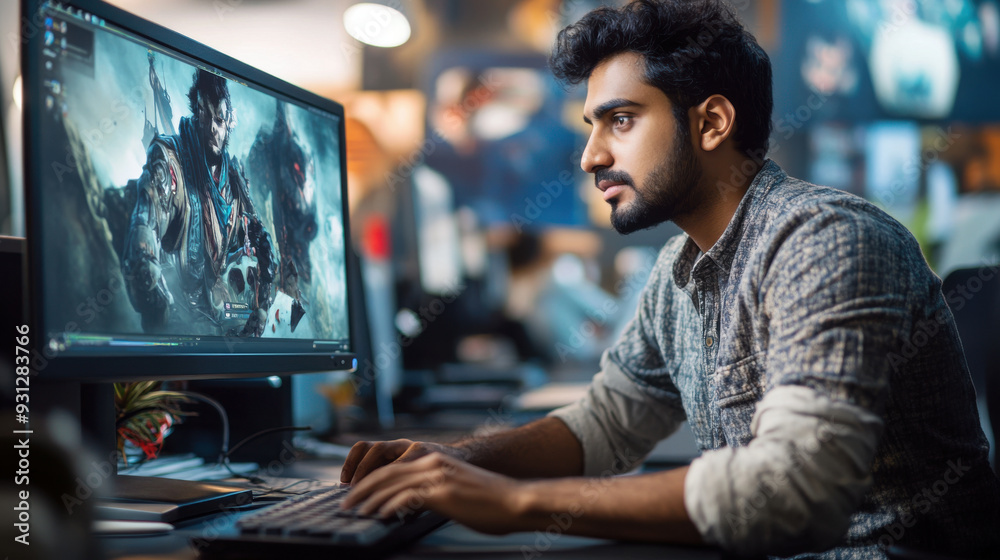 Indian male designer creating fantasy game characters in 3D, focusing intently Indian male designer creating fantasy game characters in 3D, focusing intently