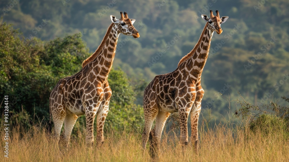Two giraffes standing in a field of tall grass with a blurred background of trees. Two giraffes standing in a field of tall grass with a blurred background of trees.