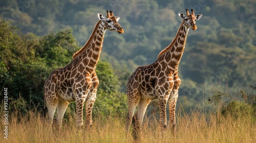 Two giraffes standing in a field of tall grass with a blurred background of trees.