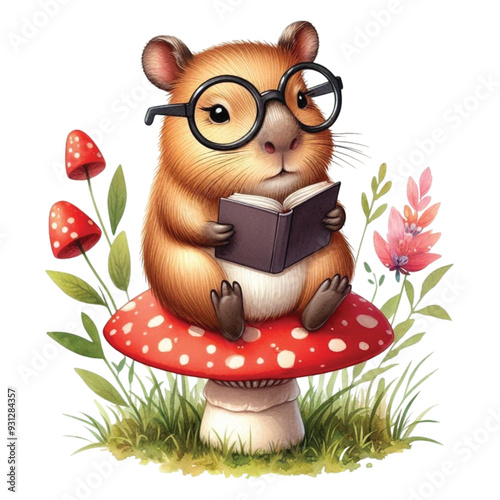 capybara reading a book on a mushroom's back clip art watercolor 