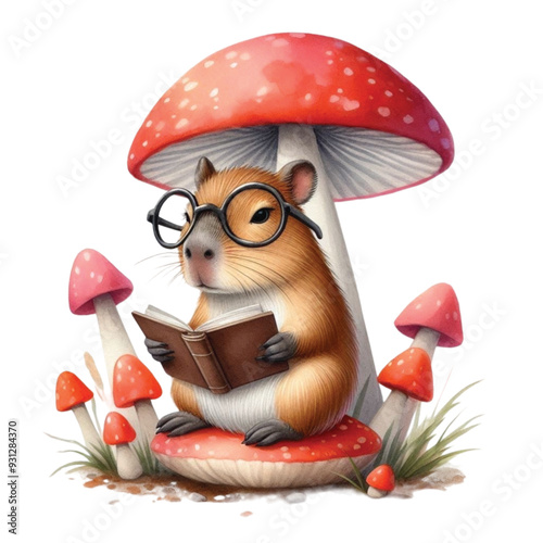 capybara reading a book on a mushroom's back clip art watercolor 