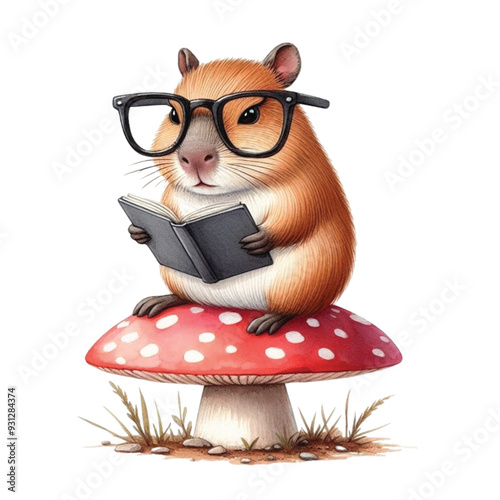 capybara reading a book on a mushroom's back clip art watercolor 