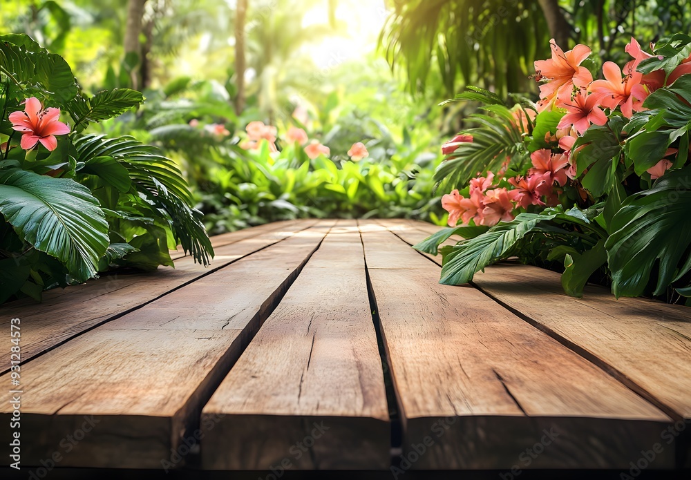 Wooden walkway in a tropical garden with exotic flowers and green plants. A wooden boardwalk leading through a lush jungle, with a vibrant flower background Wooden walkway in a tropical garden with exotic flowers and green plants. A wooden boardwalk leading through a lush jungle, with a vibrant flower background