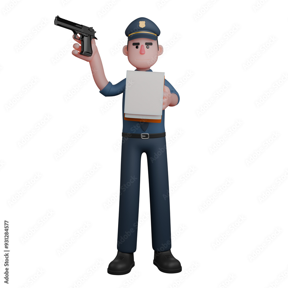 3D Male Police Patrolling. A police officer stands with his left hand holding a stack of files or documents, while his right hand holds a raised pistol. Law Enforcement Cartoon 3D Male Police Patrolling. A police officer stands with his left hand holding a stack of files or documents, while his right hand holds a raised pistol. Law Enforcement Cartoon
