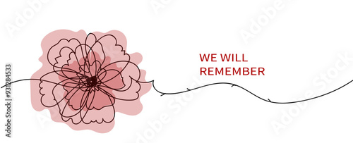 Red bright poppy flower.  Vector hand drawn  line art banner for Remembrance Day.  Memorial Day, Anzac Day.  Lest We forget. international symbol of peace. 