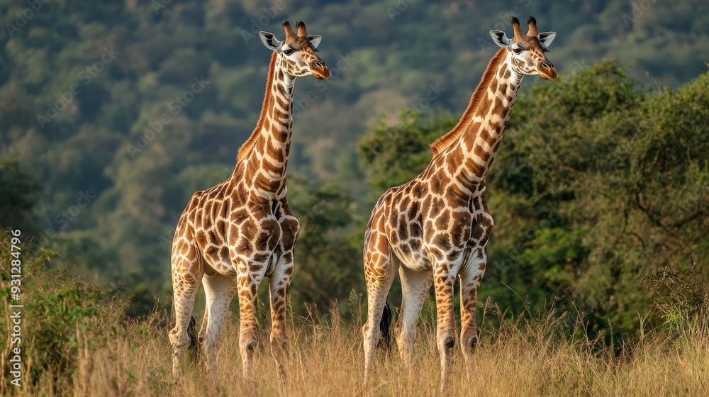 Two giraffes standing in a grassy field with a forest in the background. Two giraffes standing in a grassy field with a forest in the background.