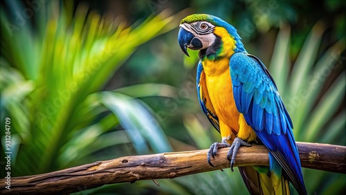 Vibrant blue and yellow macaw perched on a branch , exotic, colorful, tropical, bird, wildlife, feathers, vibrant photo