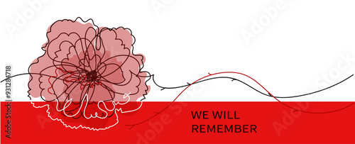 Red bright poppy flower.  Vector hand drawn  line art banner for Remembrance Day.  Memorial Day, Anzac Day.  Lest We forget. international symbol of peace. 