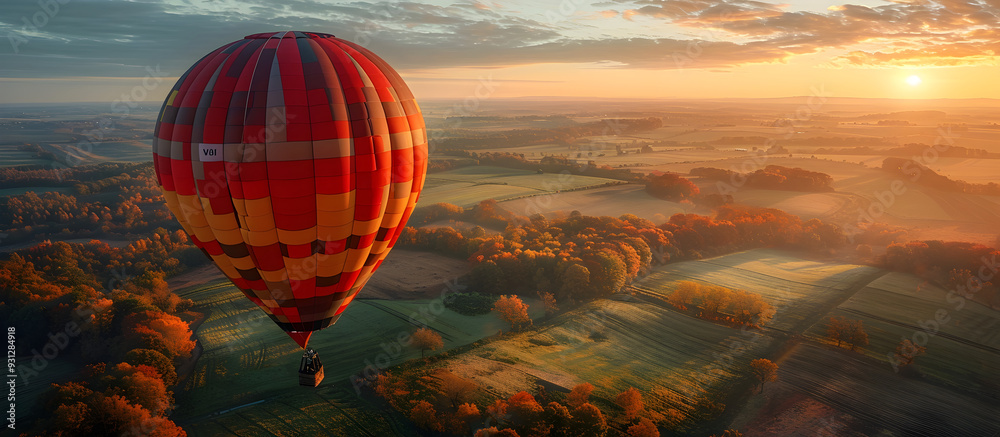 Obraz premium Majestic Hot Air Balloon Drifting Over a Breathtaking Patchwork of Autumnal Farmlands at Sunrise