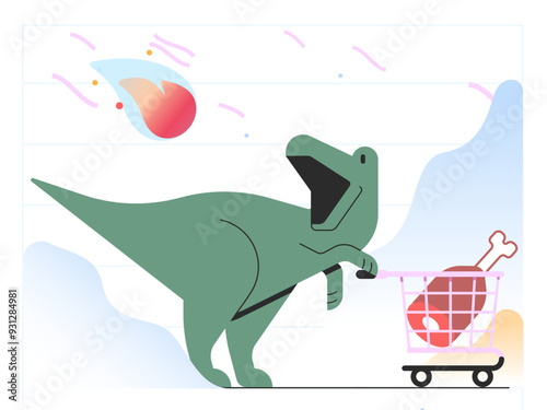 Dinosaur with shopping cart seeing an asteroid