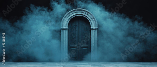 Gothic crypt door, heavy iron, obscured by mist, Watercolor style
