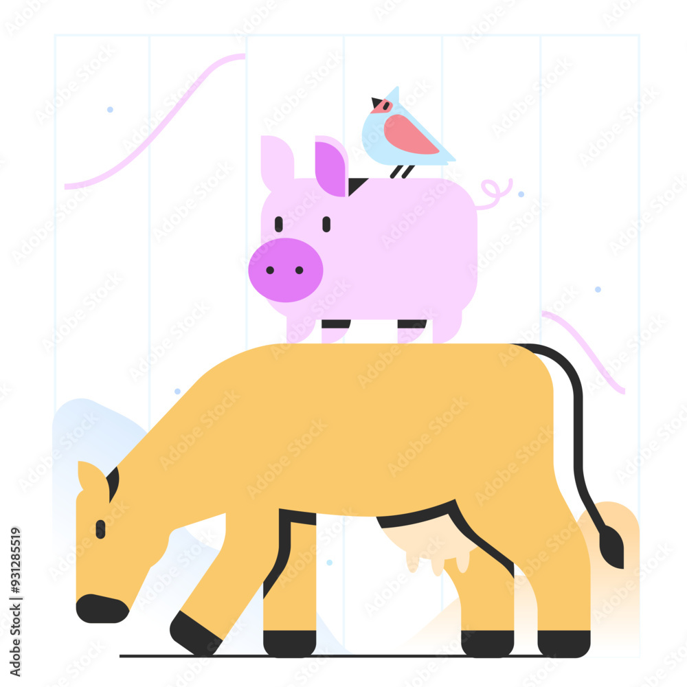 Fototapeta premium Cow, pig and bird as team