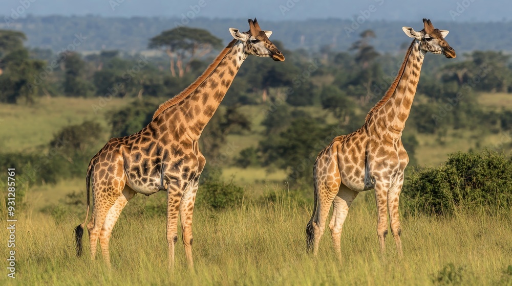 Two Giraffes Standing in Tall Grass in a Savanna Landscape. Two Giraffes Standing in Tall Grass in a Savanna Landscape.