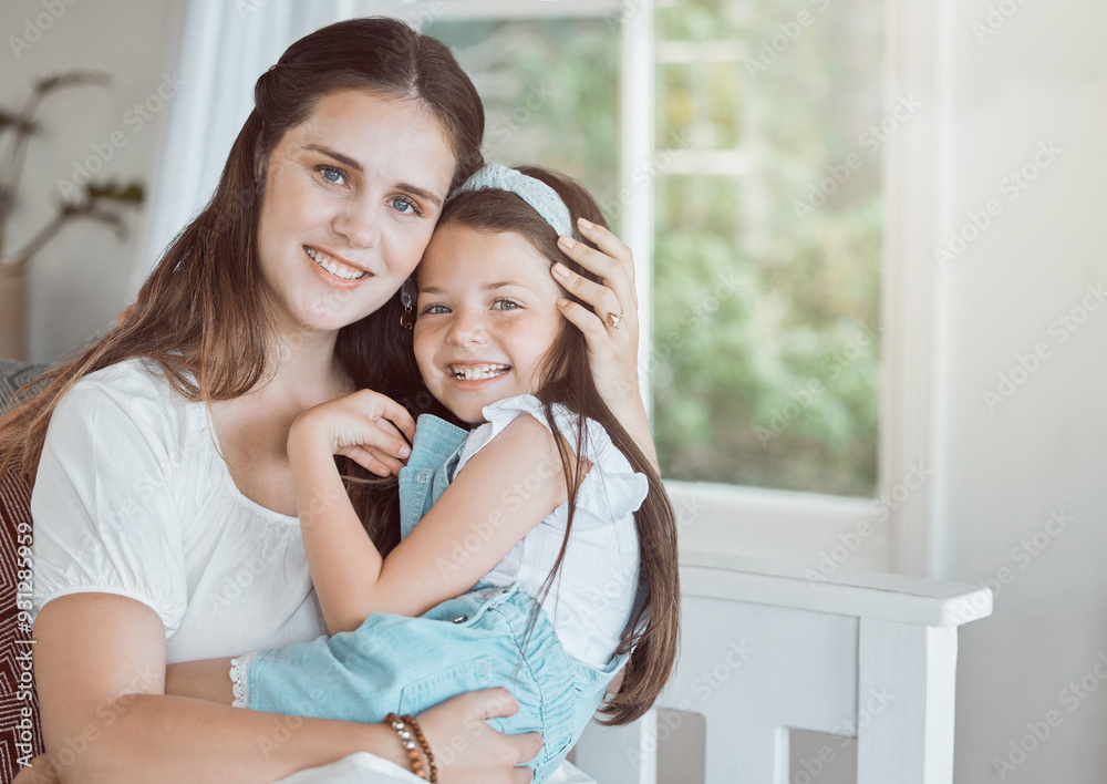 Fototapeta premium Hug, mom and child in home for portrait, comfort and support on weekend in Canada, Smile, mother or daughter in living room with happiness, relax or bonding with care and security in family with love