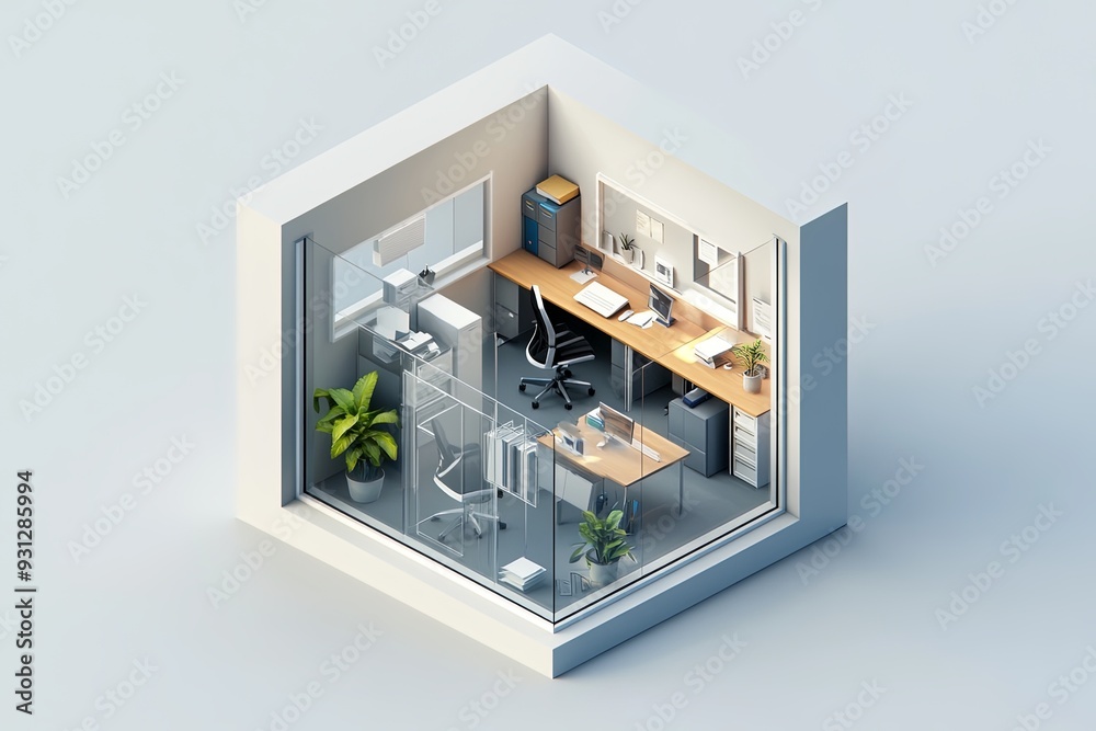 Illustrate a toy-like isometric office scene inside a 1x1x1 cube, incorporating a dynamic arrangement of office furniture and decor. Emphasize clear, dimensional lighting and contrasting shadows to Illustrate a toy-like isometric office scene inside a 1x1x1 cube, incorporating a dynamic arrangement of office furniture and decor. Emphasize clear, dimensional lighting and contrasting shadows to