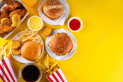 Fast food delivery menu background with various burgers, cheeseburger, nuggets, french fries, fizzy soda drinks. Junk unhealthy fast food, Ultra processed food with low nutrition, high calories value