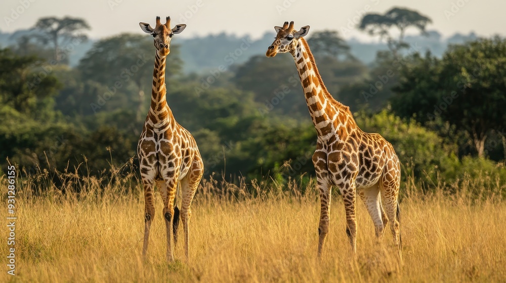 Obraz premium Two giraffes standing in tall grass in the savanna with a blurred background of trees.