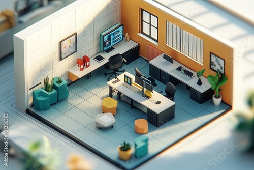 Illustrate an isometric office space in a toy-like cube format, featuring a blend of contemporary and whimsical elements. Ensure the lighting and shading are carefully balanced to highlight the