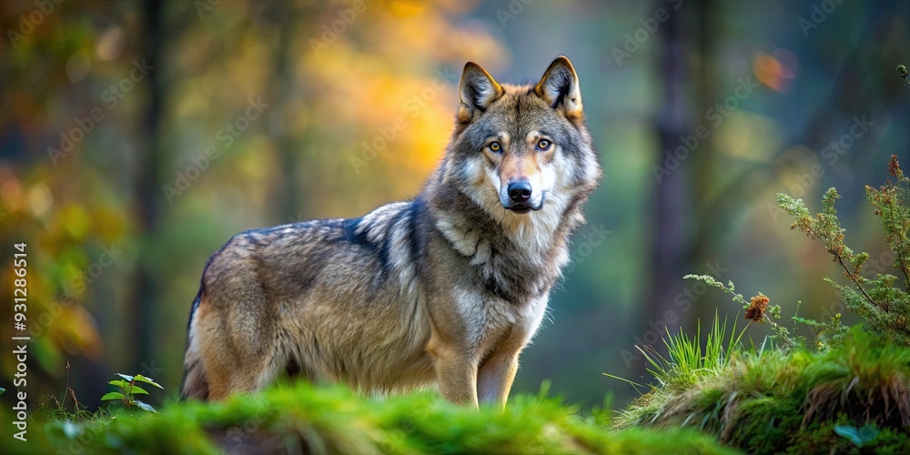 Obraz premium Eurasian wolf in its natural habitat, wolf, animal, predator, wildlife, nature, forest, European, canis lupus lupus, pack