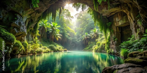 Fototapeta Naklejka Na Ścianę i Meble -  Mysterious cave with water pond in a lush jungle, mysterious, cave, water, pond, lush, jungle, adventure, exploration