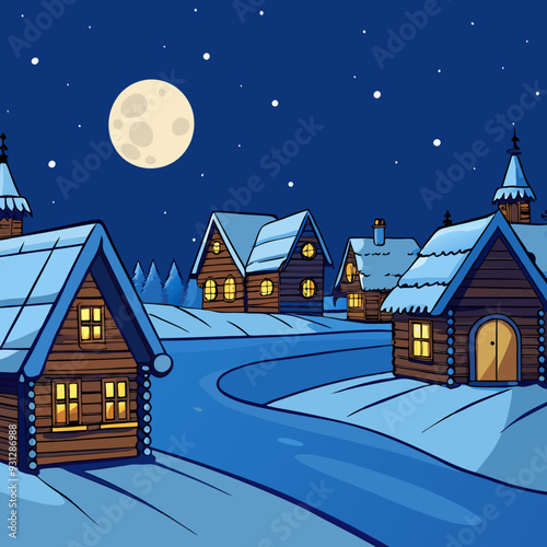 detailed night scene of a Russian village in winter 