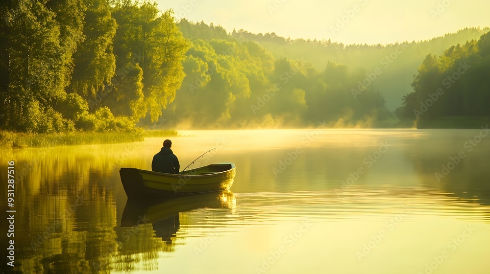 A person fishing from a small wooden boat on a tranquil lake, soft morning light casting a gentle glow, background softly blurred with the lush green of forested shores and distant hills, peaceful