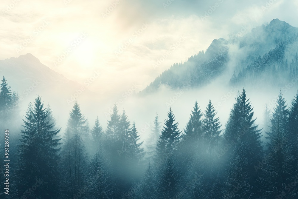 Misty forest with tall trees. Perfect for illustrating mystery, peace, or serenity. Misty forest with tall trees. Perfect for illustrating mystery, peace, or serenity.