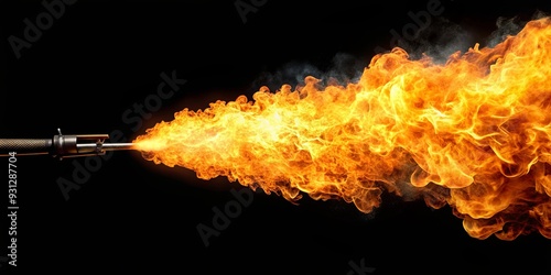 Close up shot of a powerful flamethrower jetting a burst of fire on a black background