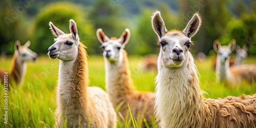 Close up shot of llamas grazing in a field, llama, animal, farm, agriculture, domestic, mammal, fur, fluffy, cute, herd photo