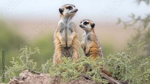 Two meerkats standing tall, looking out at the savanna from a rock outcrop.