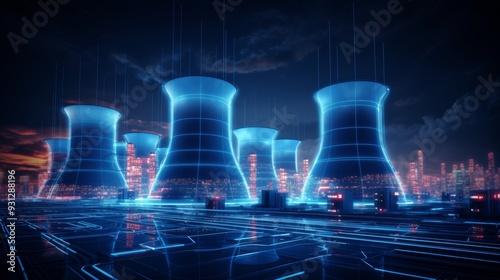 Futuristic power plant with glowing structures, symbolizing innovation in energy and technology in a vibrant digital landscape.