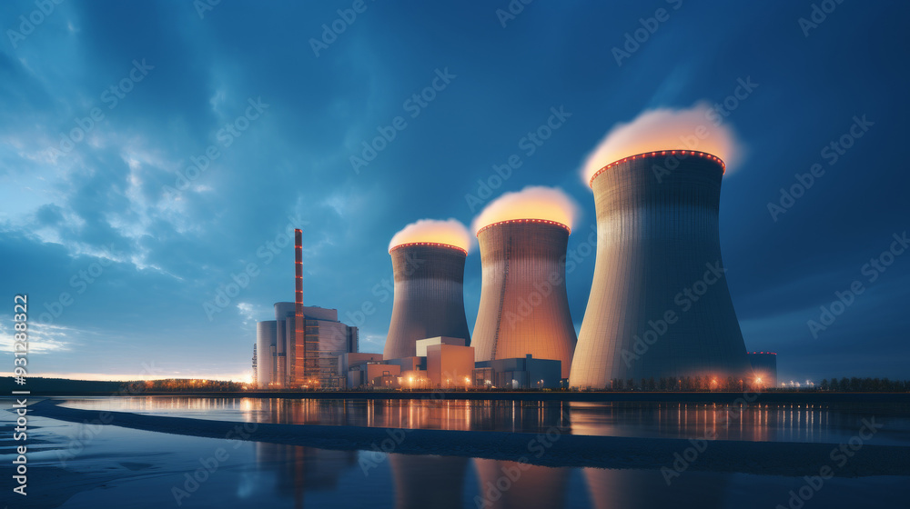 Industry view of a nuclear power plant with cooling towers at dusk, showcasing energy production and modern technology. Industry view of a nuclear power plant with cooling towers at dusk, showcasing energy production and modern technology.