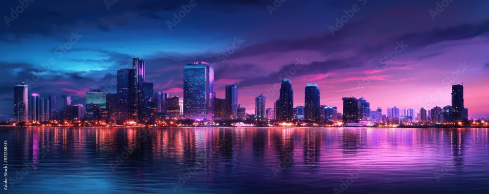 Fototapeta premium City skyline at dusk with glowing lights reflecting in the water