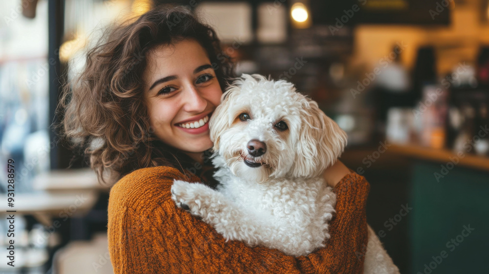 Joyful woman holding her fluffy white dog in a trendy cafe, both enjoying a quiet moment Joyful woman holding her fluffy white dog in a trendy cafe, both enjoying a quiet moment