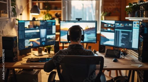 Focused person working remotely from a well-organized home office, with multiple screens and office equipment