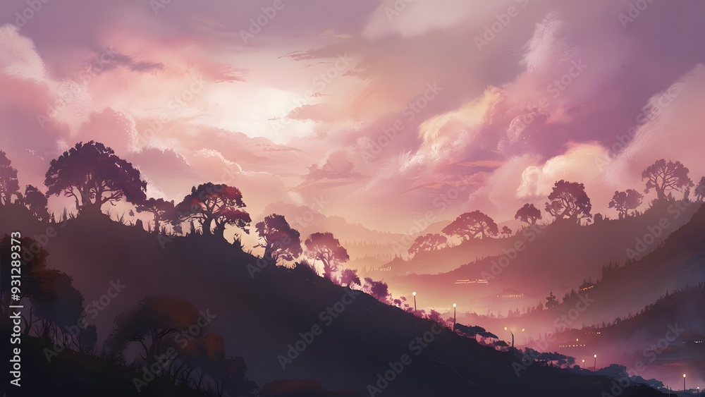 Fototapeta premium Sunset and Silhouettes of Trees in the Mountains, generative AI
