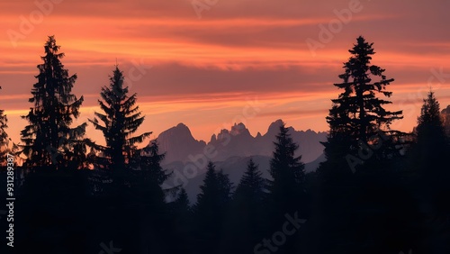 Sunset and Silhouettes of Trees in the Mountains, generative AI