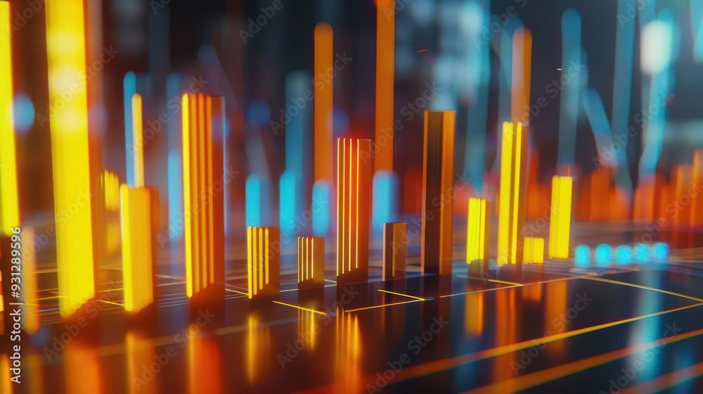 Vibrant 3D bar graph representing data trends with colorful elements and a modern digital backdrop. Vibrant 3D bar graph representing data trends with colorful elements and a modern digital backdrop.