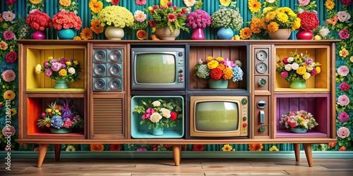 Colorful vintage retro television cabinets adorned with vibrant flowers , retro, vintage, colorful, television, cabinets, flowers