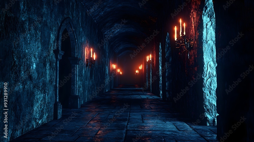Dark Stone Hallway with Glowing Candles Dark Stone Hallway with Glowing Candles