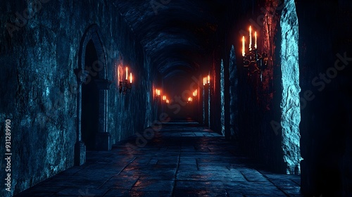 Dark Stone Hallway with Glowing Candles