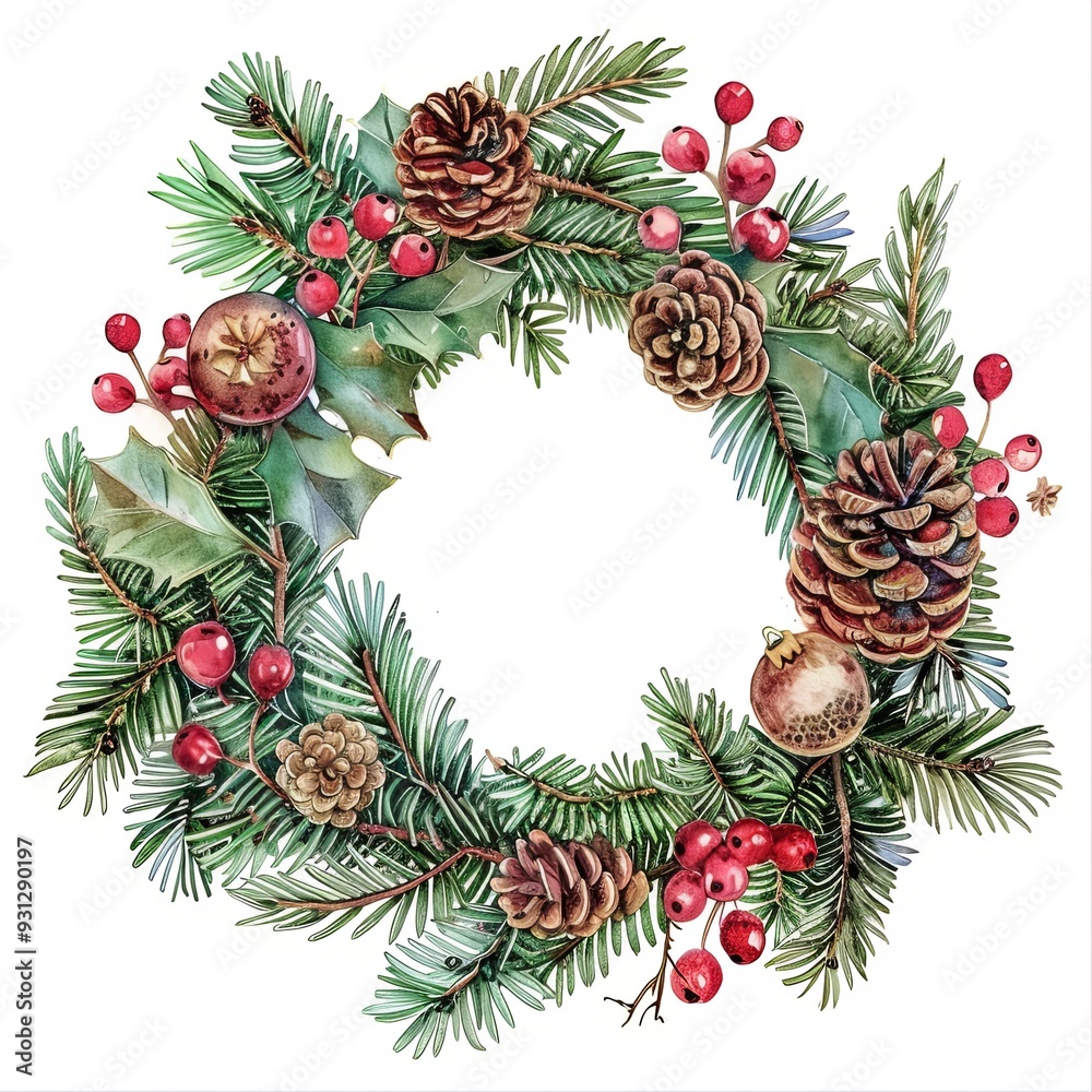 A beautifully detailed watercolor Christmas wreath made of green fir branches, pinecones, holly leaves, red berries, and pomegranates, all arranged in a circular design on a white background A beautifully detailed watercolor Christmas wreath made of green fir branches, pinecones, holly leaves, red berries, and pomegranates, all arranged in a circular design on a white background
