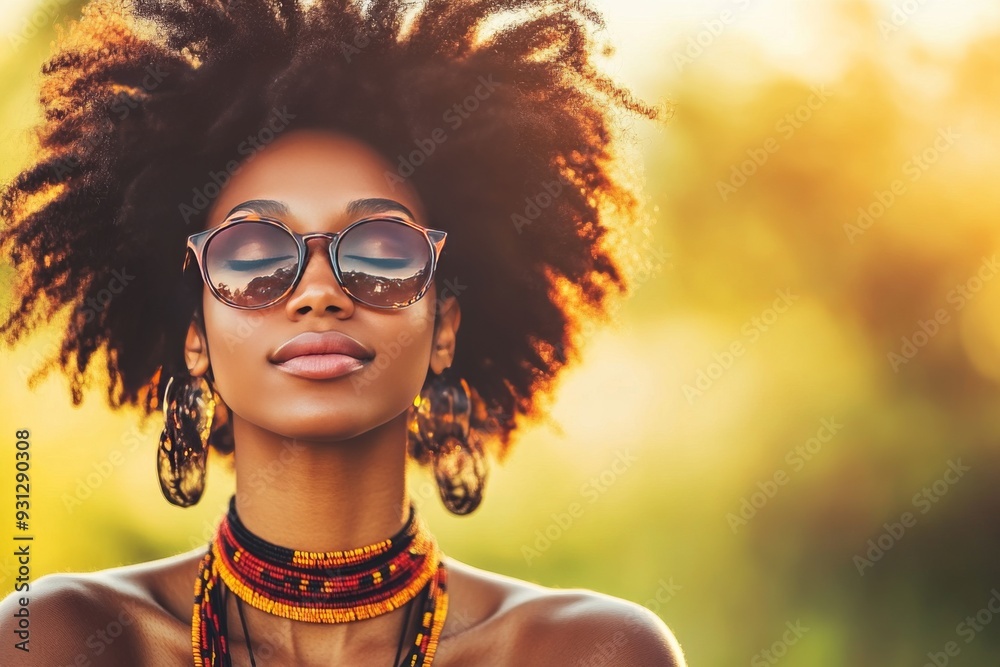 Vibrant young woman with natural afro and bold accessories standing confidently outdoors in golden sunlight representing freedom style and cultural pride Vibrant young woman with natural afro and bold accessories standing confidently outdoors in golden sunlight representing freedom style and cultural pride